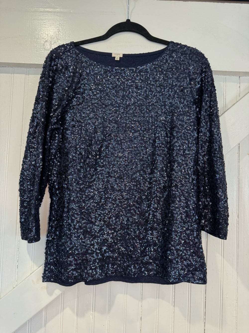 J.Crew Navy Sequin Top Medium 3/4 Sleeve Sparkly Party Holiday Blouse - Picture 2 of 10